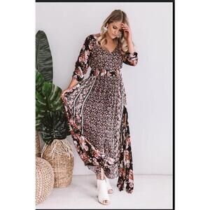 Oddy Dress Womens Large Dark Floral Button Front Asymmetrical Shark Bite Hem